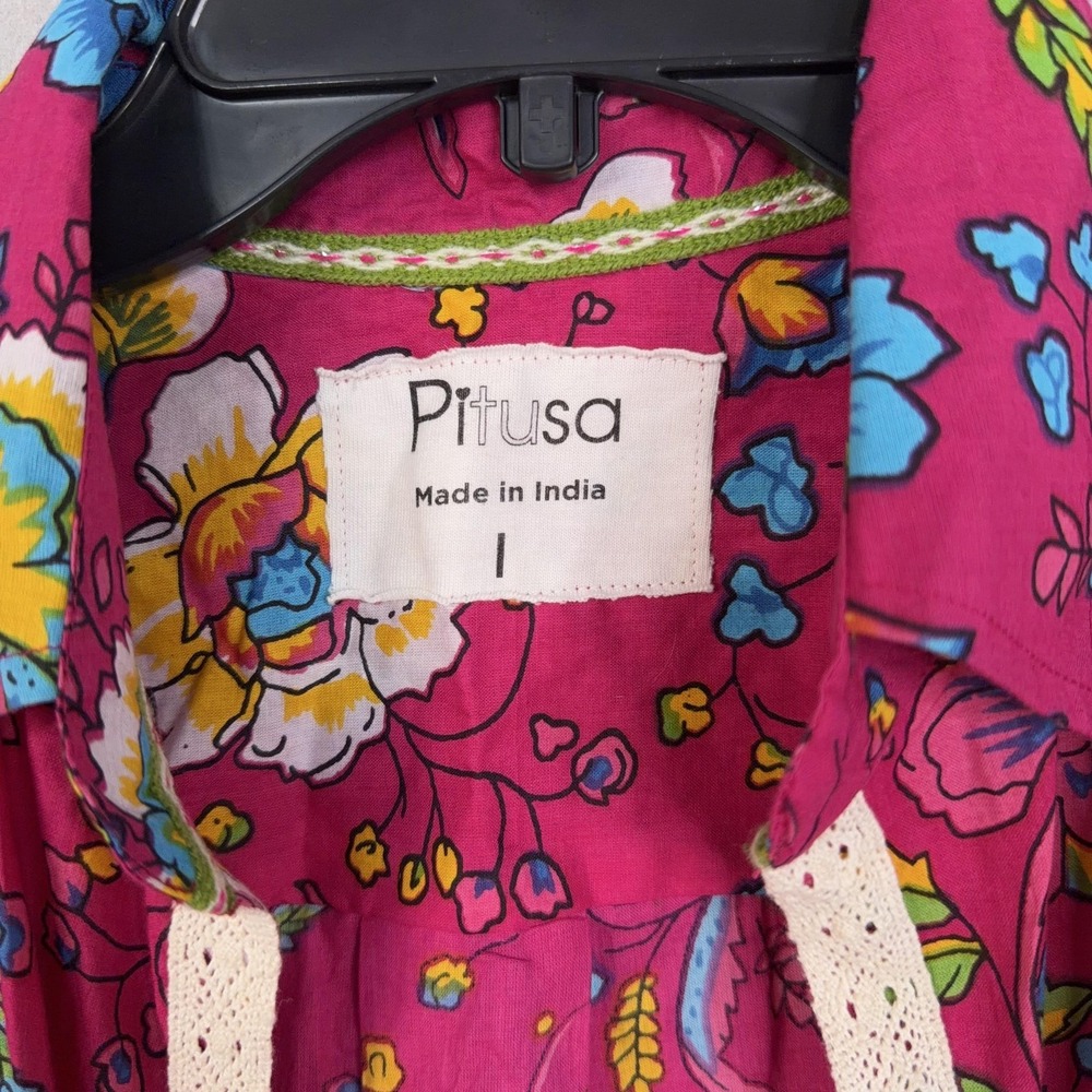 Pitusa Blouse Womens I Pink Floral Cotton Collared Boho Tie Front Top Lace Cuff - Picture 4 of 14